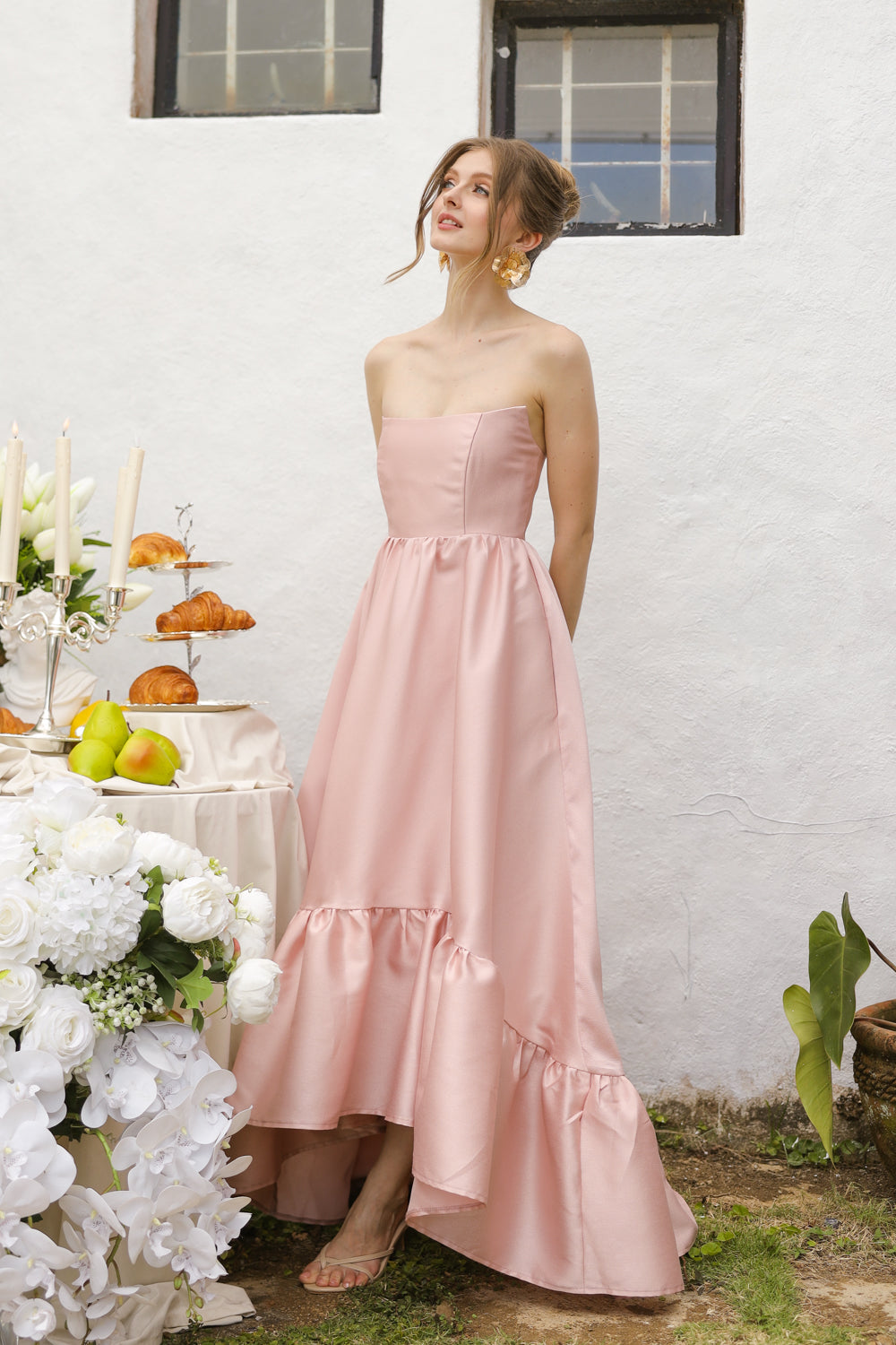MADELEINE Strapless High Low Gown with Ruffle Hem (Blush Gazaar)