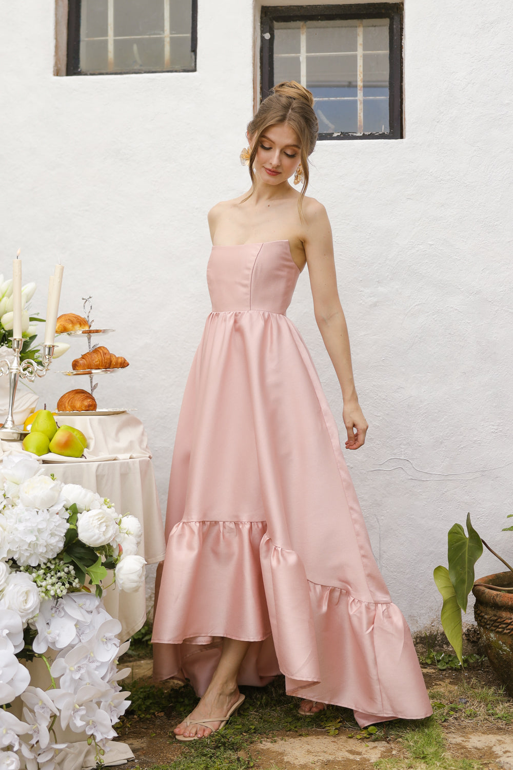 MADELEINE Strapless High Low Gown with Ruffle Hem (Blush Gazaar)