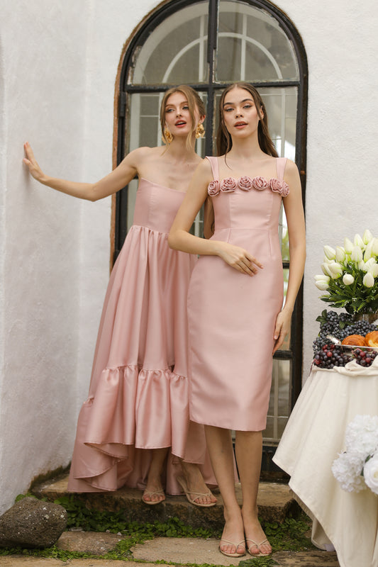 Giselle Strappy Pencil Cut Midi Dress with Flowers on Neckline (Blush Gazaar)