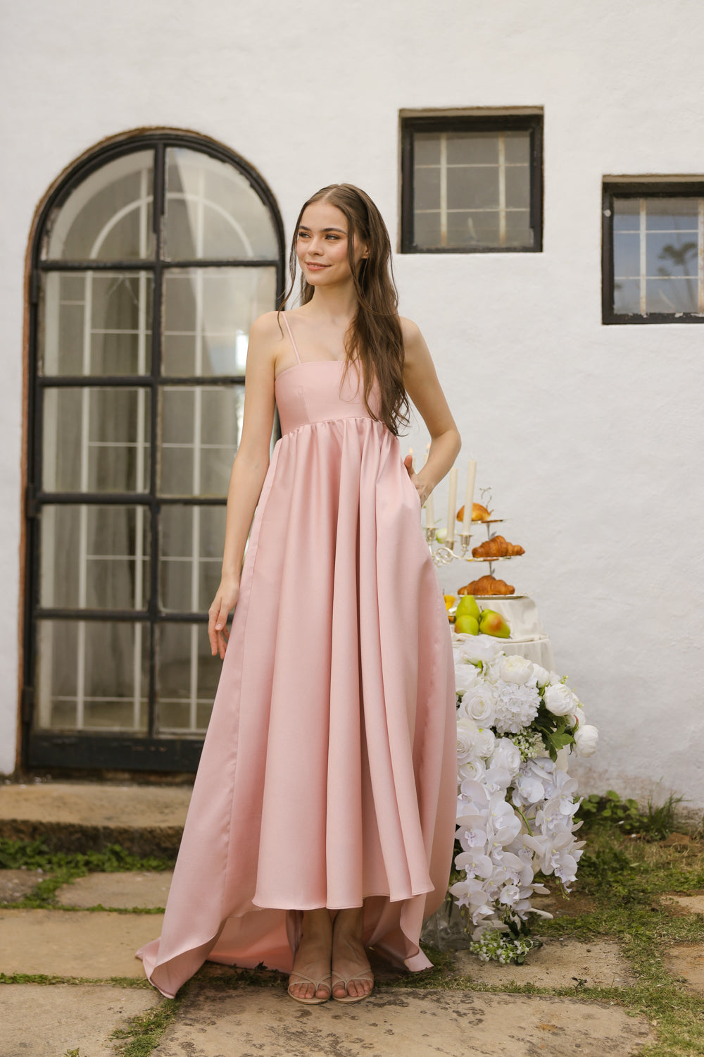 EULALIA Strappy High Low Gown with Covered Button Detail at the Back (Blush Gazaar) SAME DAY DELIVERY - SMALL