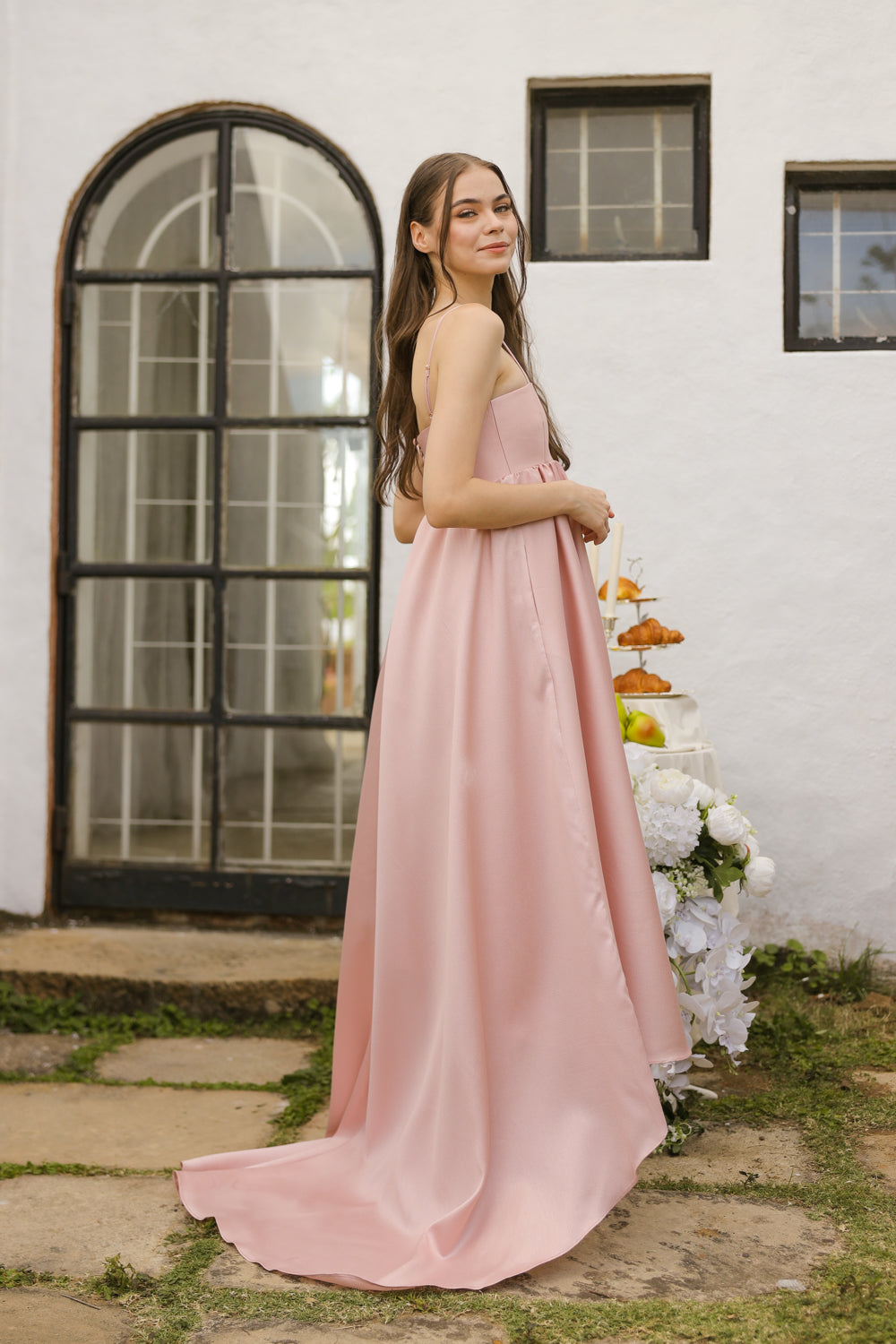 EULALIA Strappy High Low Gown with Covered Button Detail at the Back (Blush Gazaar) SAME DAY DELIVERY - SMALL