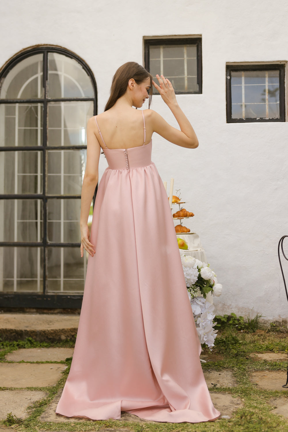 EULALIA Strappy High Low Gown with Covered Button Detail at the Back (Blush Gazaar) SAME DAY DELIVERY - SMALL