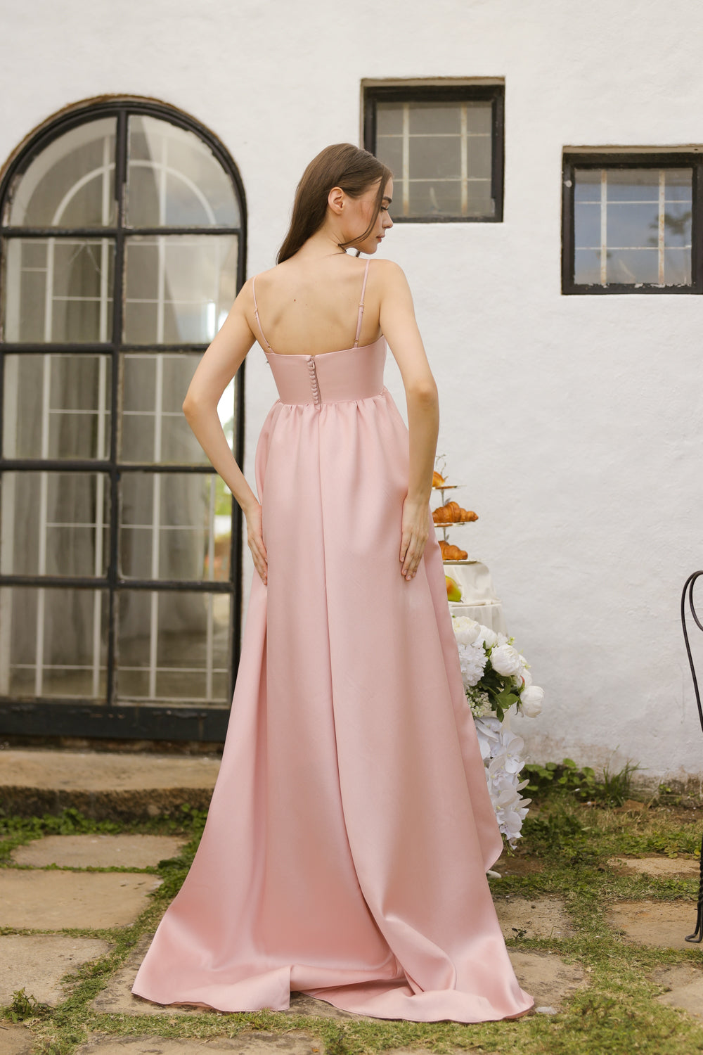 EULALIA Strappy High Low Gown with Covered Button Detail at the Back (Blush Gazaar) SAME DAY DELIVERY - SMALL