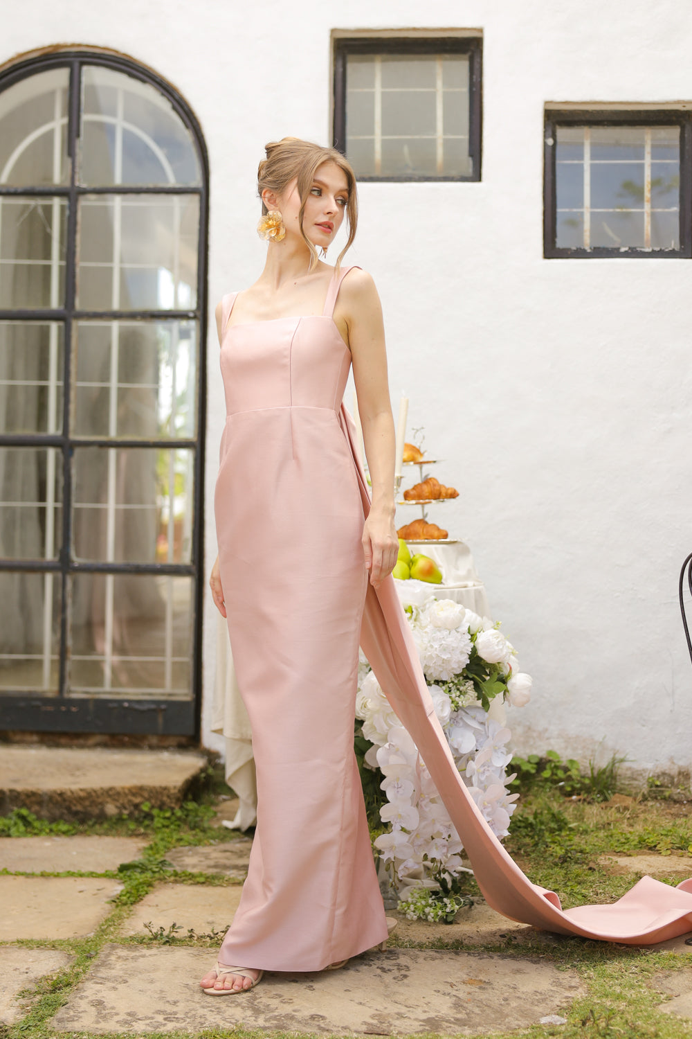 GABRIELA Strappy Straight Cut Gown with Detachable Bow Trail (Blush Gazaar) SAME DAY DELIVERY - SMALL