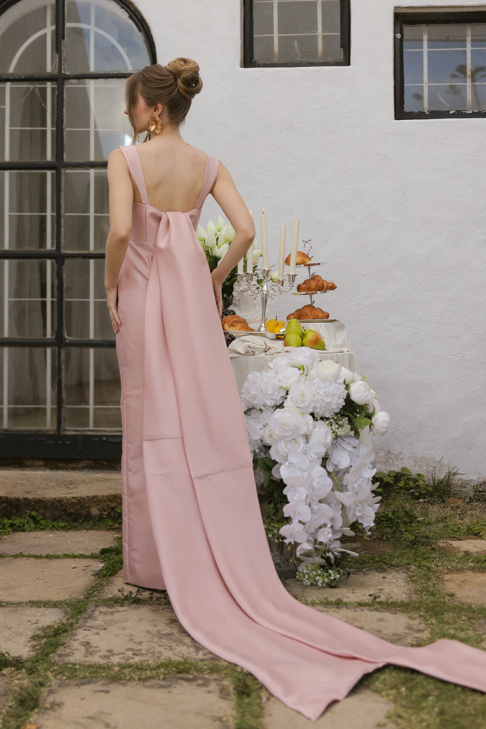GABRIELA Strappy Straight Cut Gown with Detachable Bow Trail (Blush Gazaar) SAME DAY DELIVERY - SMALL