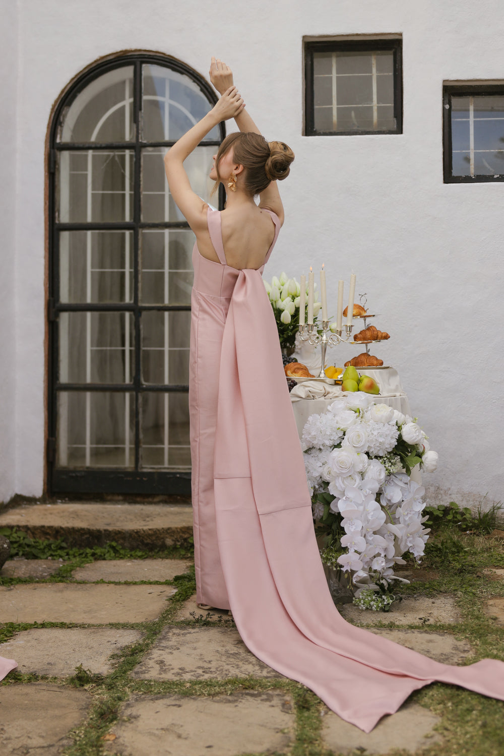 GABRIELA Strappy Straight Cut Gown with Detachable Bow Trail (Blush Gazaar) SAME DAY DELIVERY - SMALL