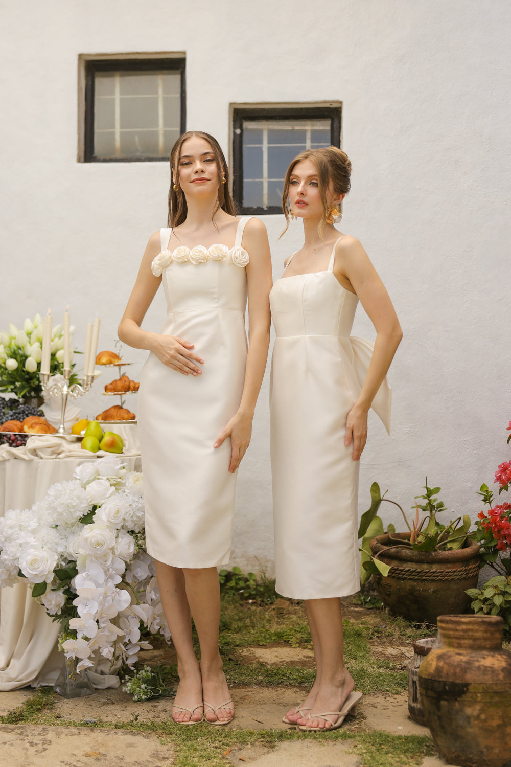 Giselle Strappy Pencil Cut Midi Dress with Flowers on Neckline (Ivory White Gazaar)