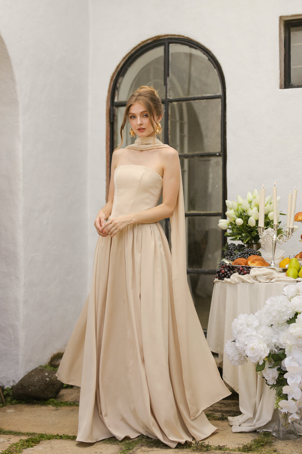 CLEO Strapless Drop Waist Maxi with Covered Button Back Detail and Sash Neckpiece (Nude Korean Silk)
