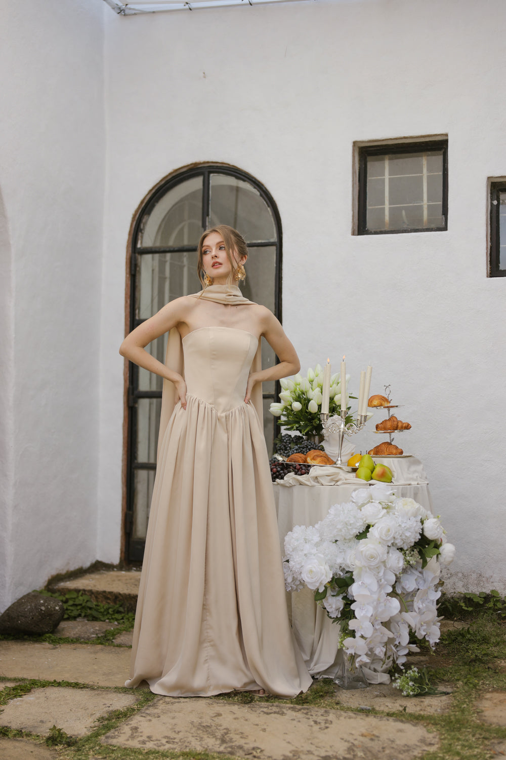CLEO Strapless Drop Waist Maxi with Covered Button Back Detail and Sash Neckpiece (Nude Korean Silk)