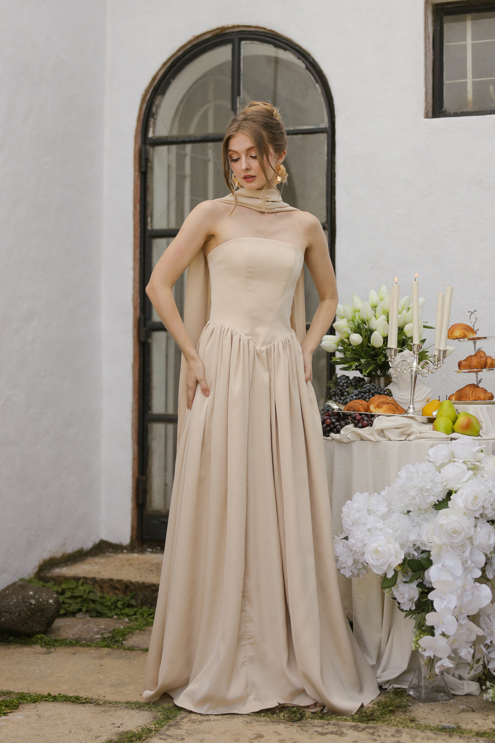 CLEO Strapless Drop Waist Maxi with Covered Button Back Detail and Sash Neckpiece (Nude Korean Silk)