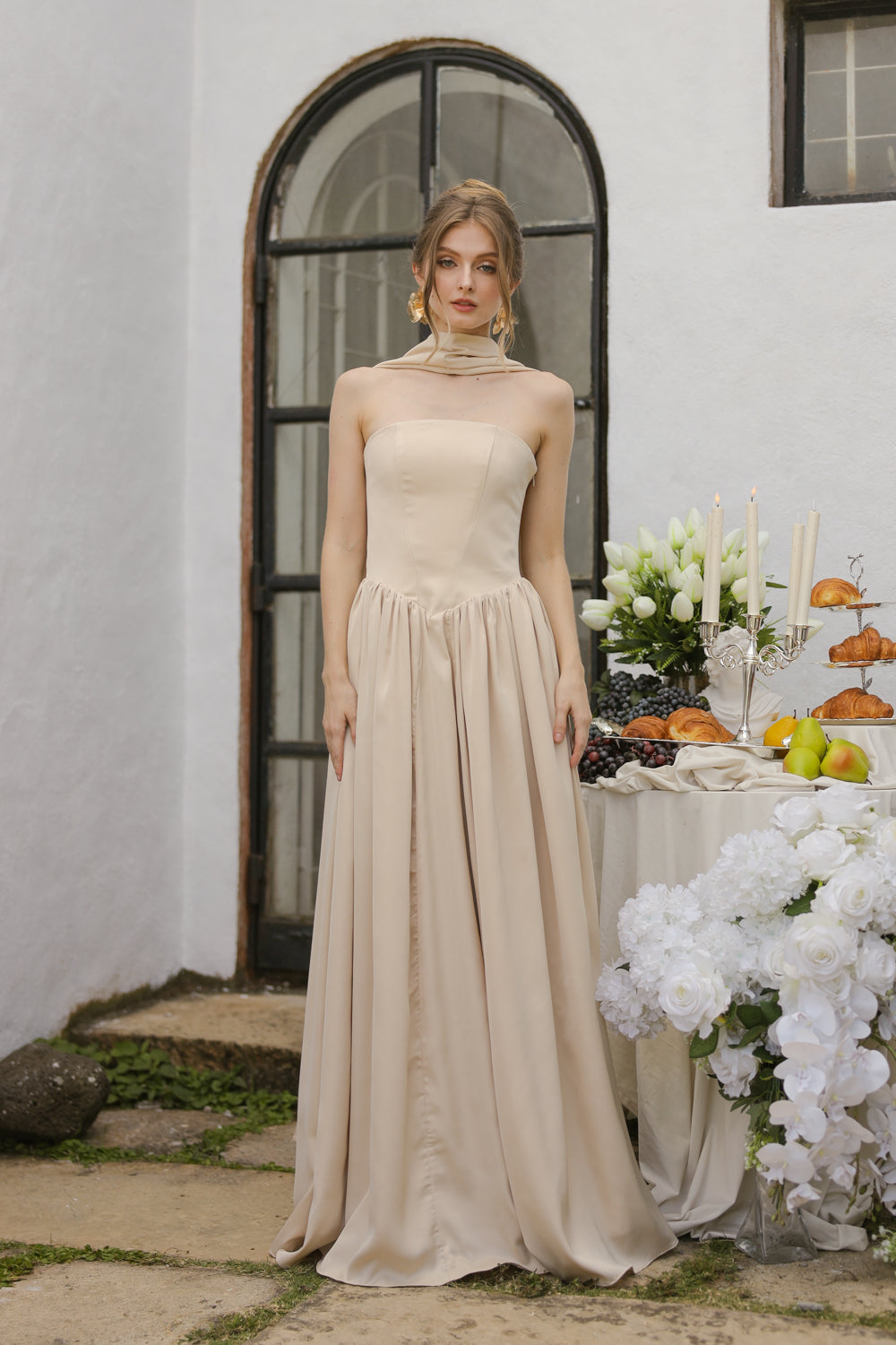 CLEO Strapless Drop Waist Maxi with Covered Button Back Detail and Sash Neckpiece (Nude Korean Silk)