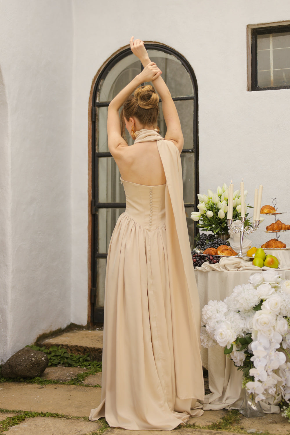 CLEO Strapless Drop Waist Maxi with Covered Button Back Detail and Sash Neckpiece (Nude Korean Silk)