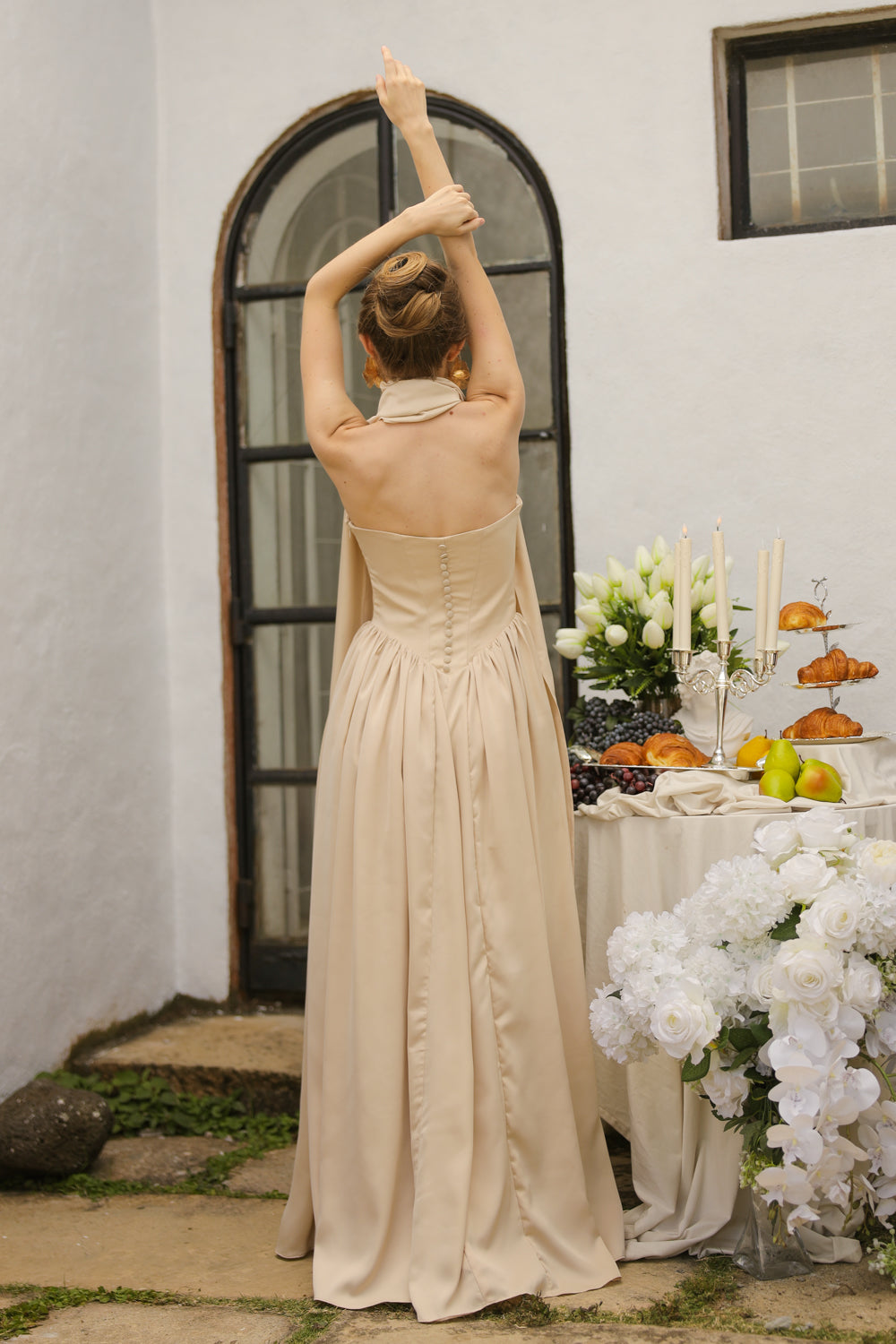 CLEO Strapless Drop Waist Maxi with Covered Button Back Detail and Sash Neckpiece (Nude Korean Silk)