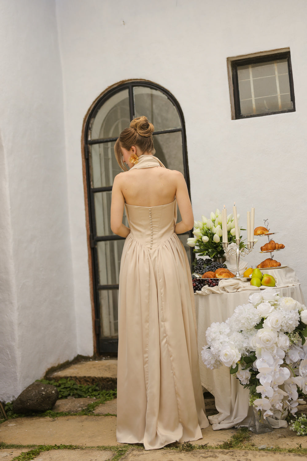 CLEO Strapless Drop Waist Maxi with Covered Button Back Detail and Sash Neckpiece (Nude Korean Silk)
