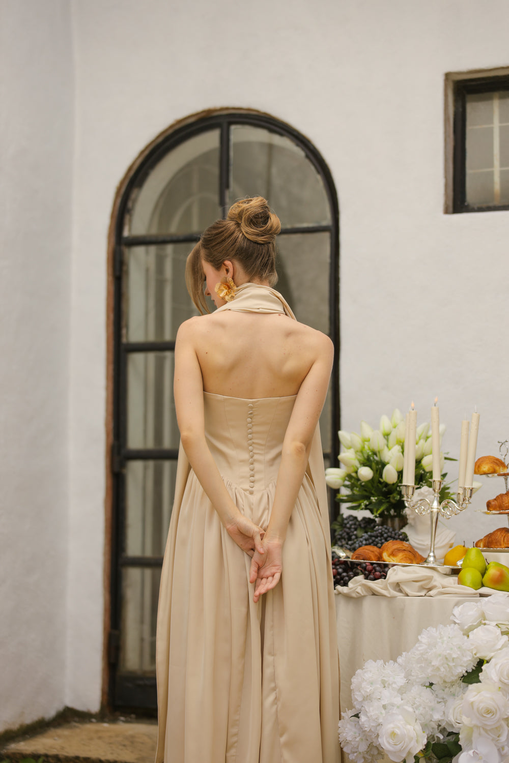 CLEO Strapless Drop Waist Maxi with Covered Button Back Detail and Sash Neckpiece (Nude Korean Silk)