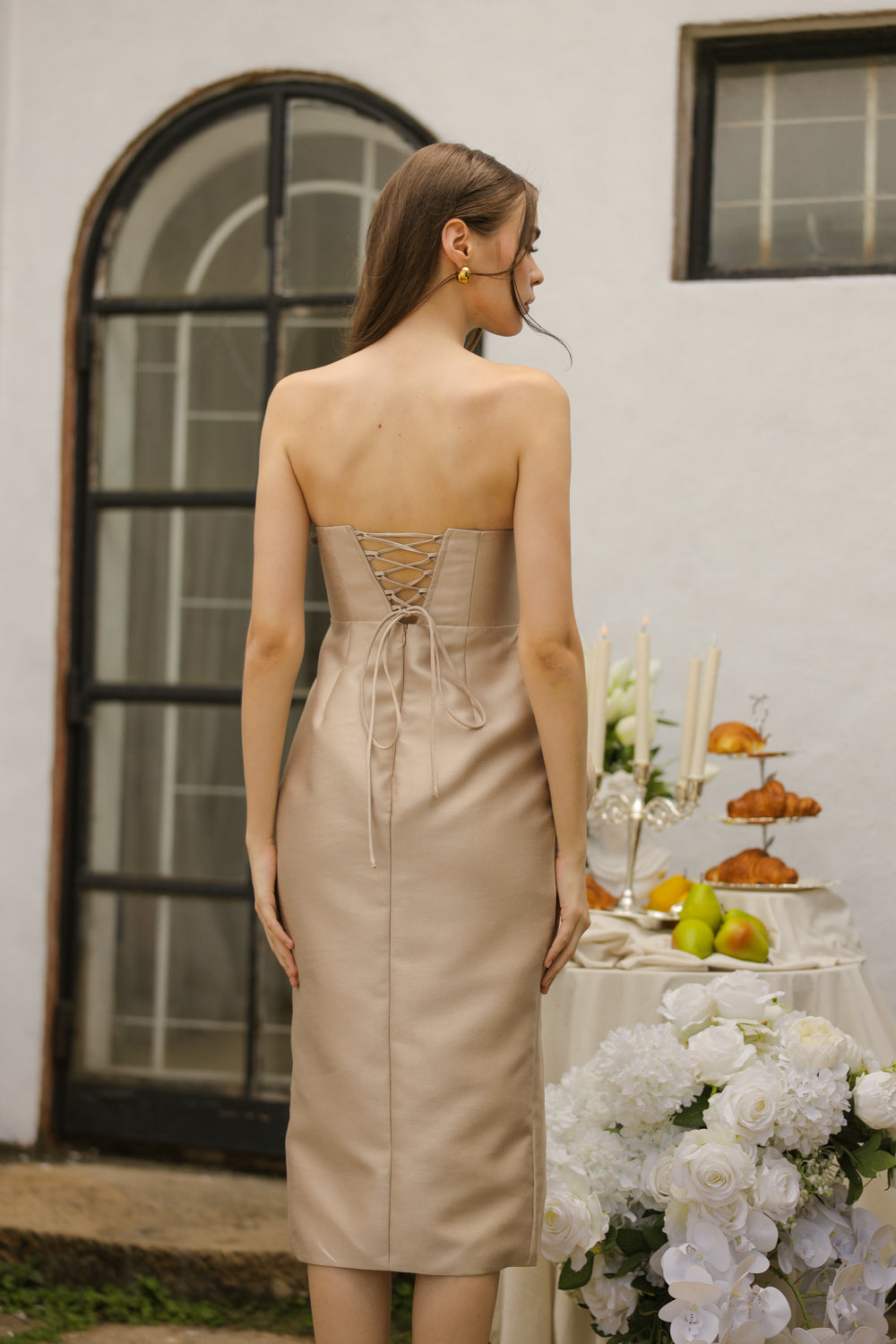 ZAIRA Curve Neckline Midi Dress with Tie Back and Floral Detail on Slit (Tan Gazaar)