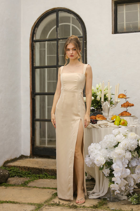 MANUELA Strappy Straight Cut Maxi with Slit (Nude Korean Silk)