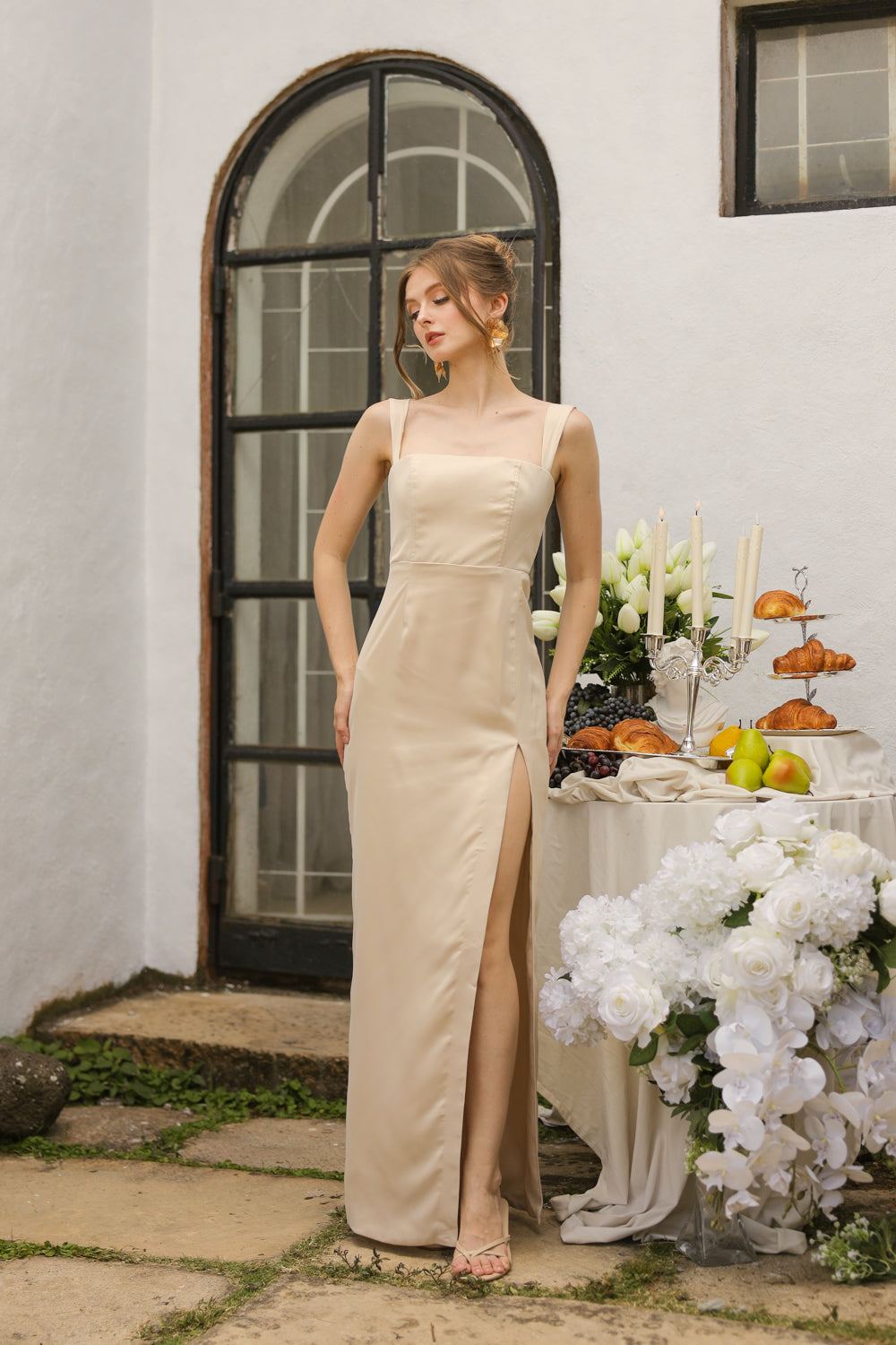 MANUELA Strappy Straight Cut Maxi with Slit (Nude Korean Silk) SAME DAY DELIVERY - SMALL