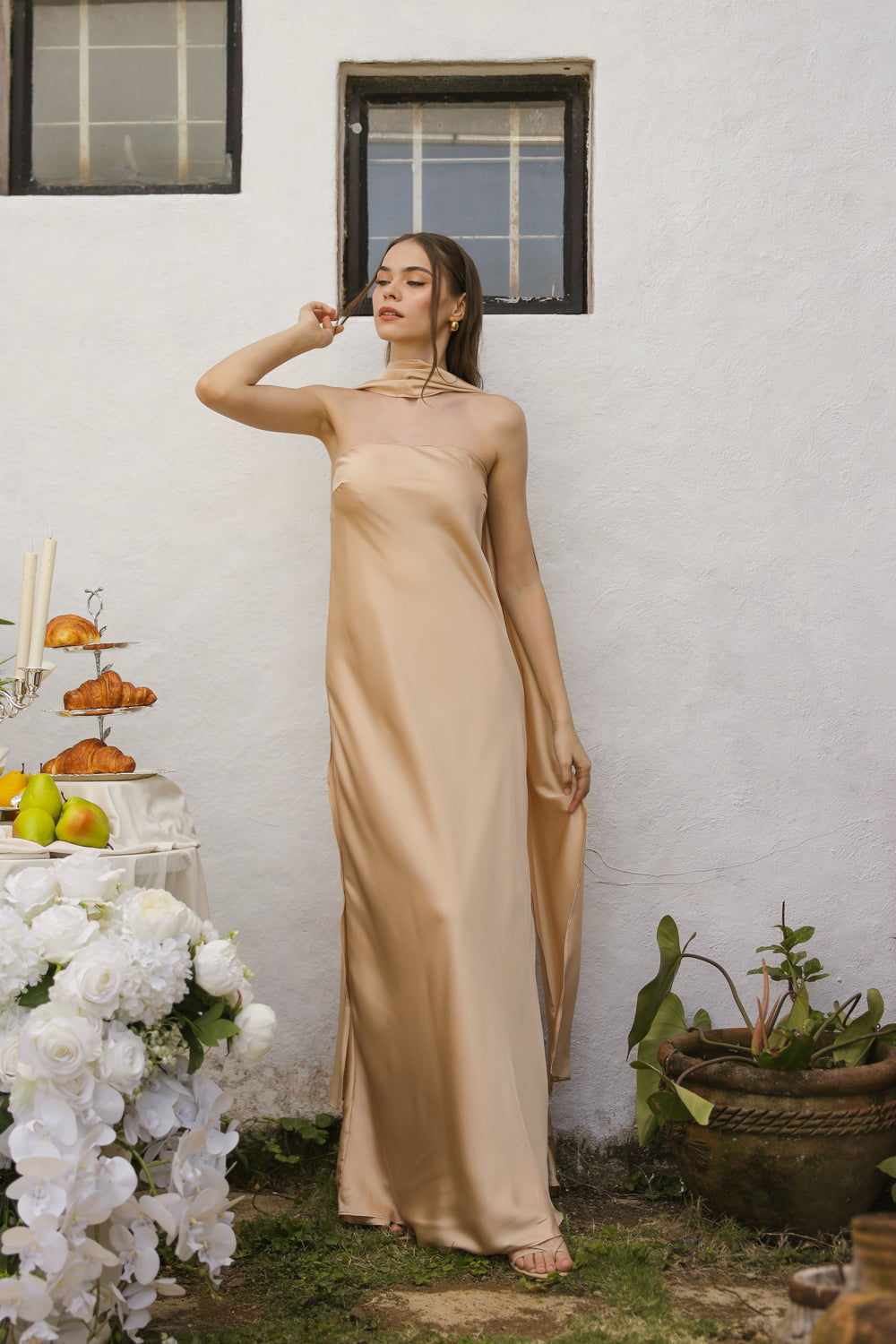 SELENA Strapless Flowy Maxi with Sash Neckpiece (Nude Charmeuse Silk)