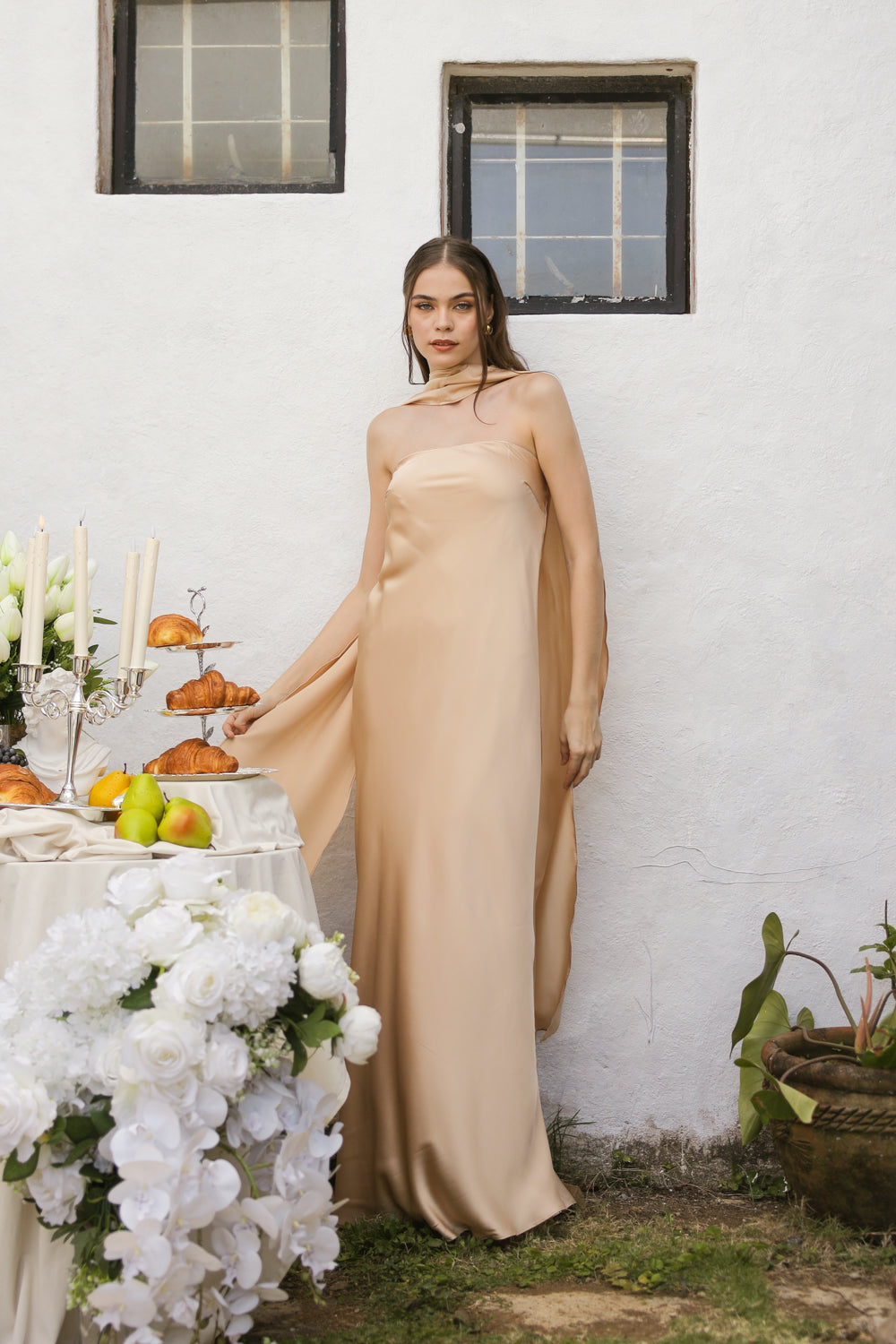 SELENA Strapless Flowy Maxi with Sash Neckpiece (Nude Charmeuse Silk)
