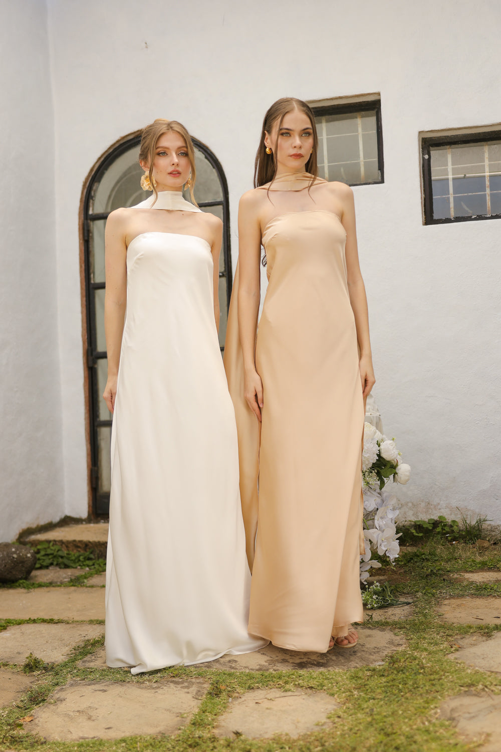 SELENA Strapless Flowy Maxi with Sash Neckpiece (Nude Charmeuse Silk)