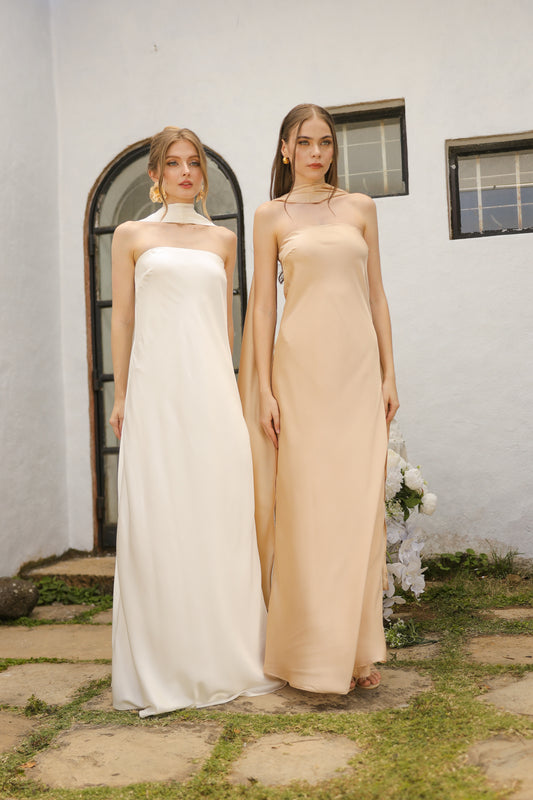 SELENA Strapless Flowy Maxi with Sash Neckpiece (Nude Charmeuse Silk)
