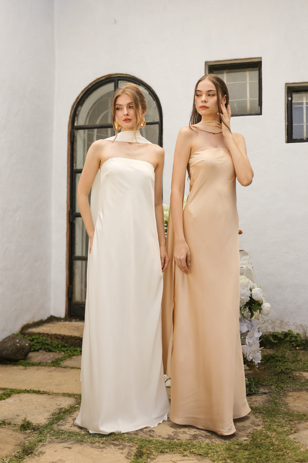 SELENA Strapless Flowy Maxi with Sash Neckpiece (Nude Charmeuse Silk)
