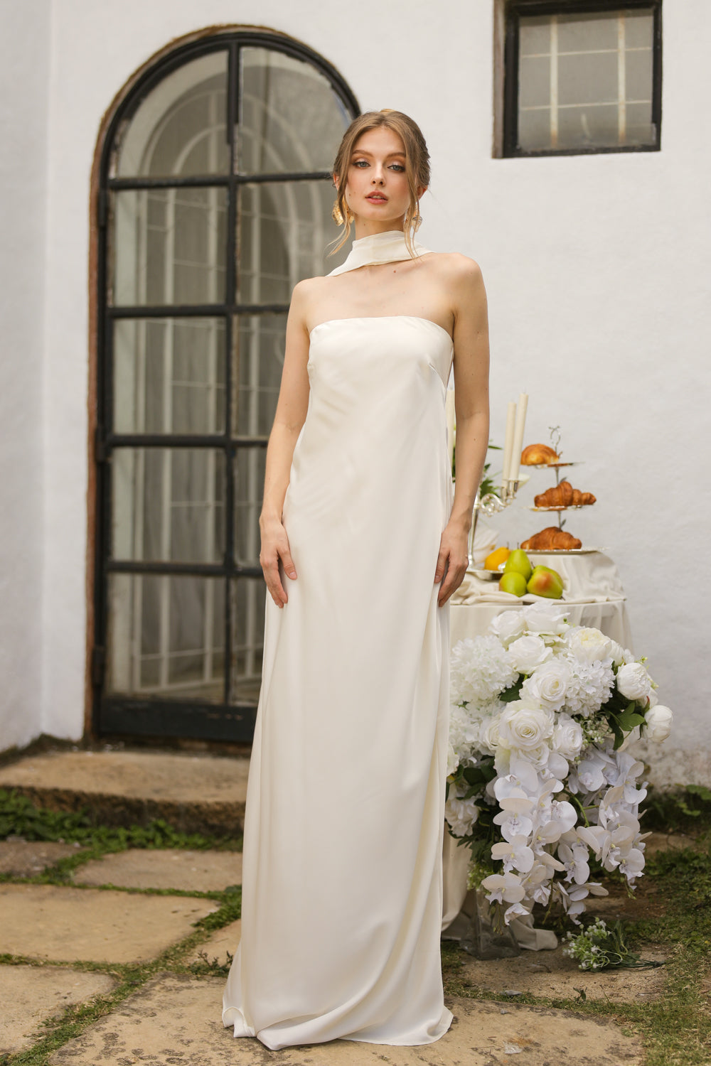 SELENA Strapless Flowy Maxi with Sash Neckpiece (Ivory Crepe Charmeuse Silk)