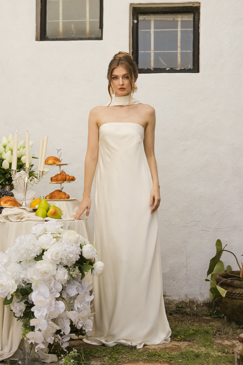 SELENA Strapless Flowy Maxi with Sash Neckpiece (Ivory Crepe Charmeuse Silk)