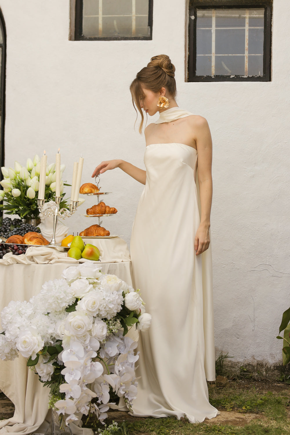 SELENA Strapless Flowy Maxi with Sash Neckpiece (Ivory Crepe Charmeuse Silk)
