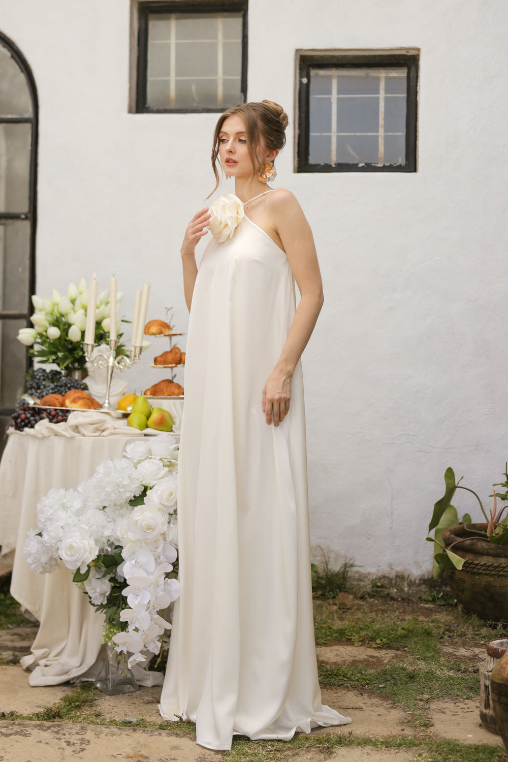 FLORA Flowy Maxi with Floral Detail on Neckline (Ivory Crepe Charmeuse Silk)