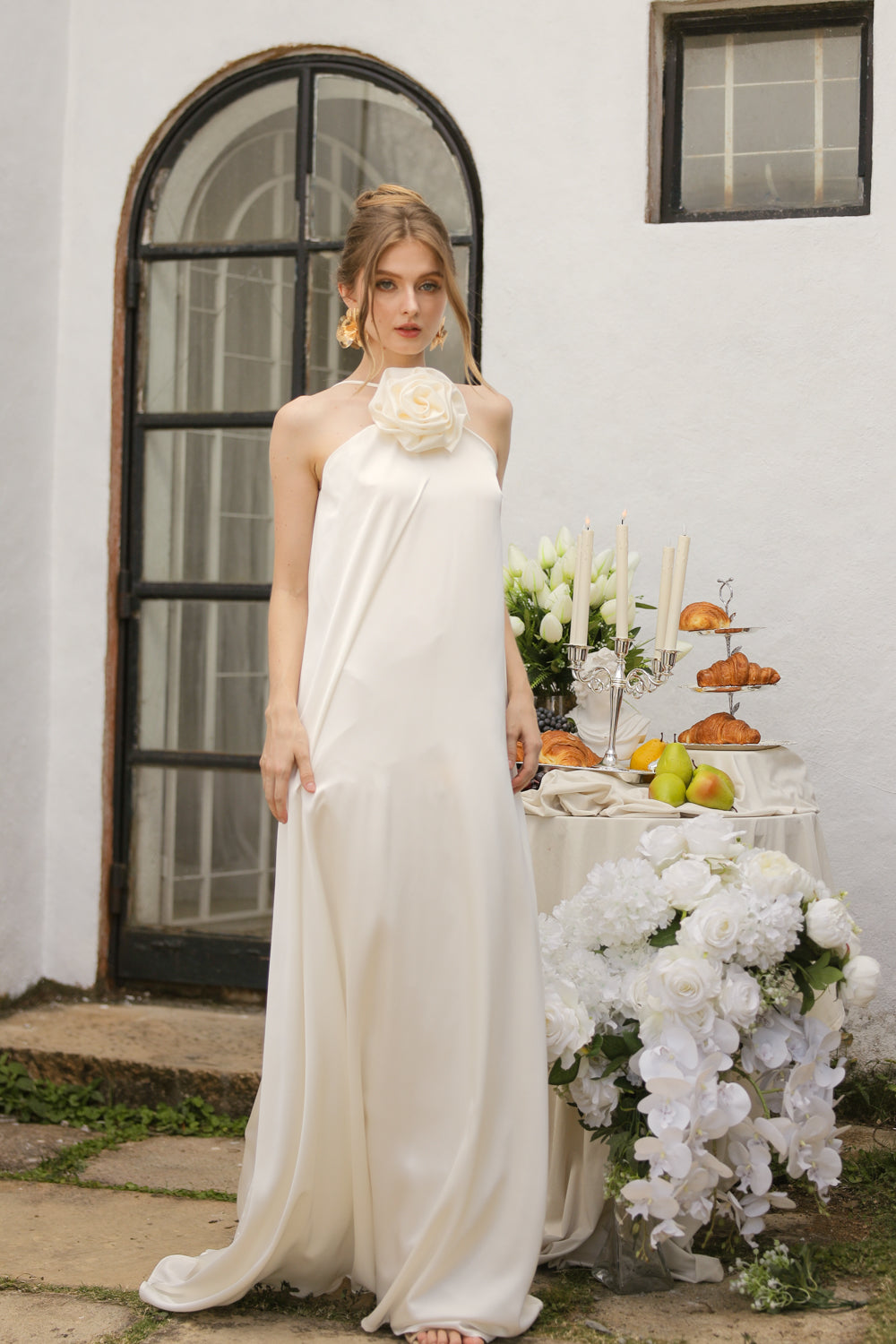 FLORA Flowy Maxi with Floral Detail on Neckline (Ivory Crepe Charmeuse Silk)