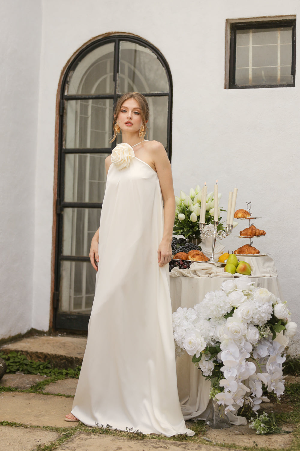FLORA Flowy Maxi with Floral Detail on Neckline (Ivory Crepe Charmeuse Silk)