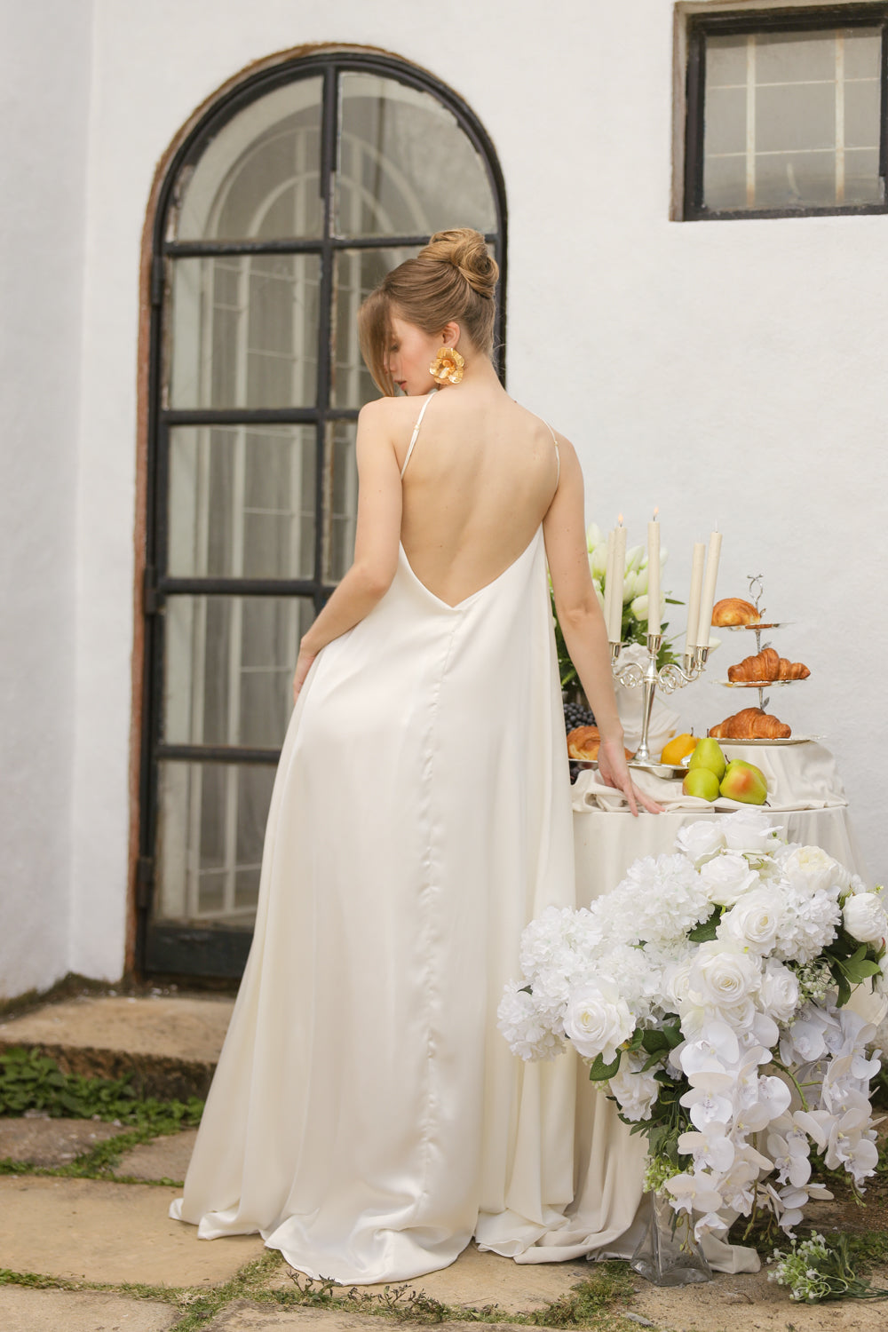 FLORA Flowy Maxi with Floral Detail on Neckline (Ivory Crepe Charmeuse Silk)