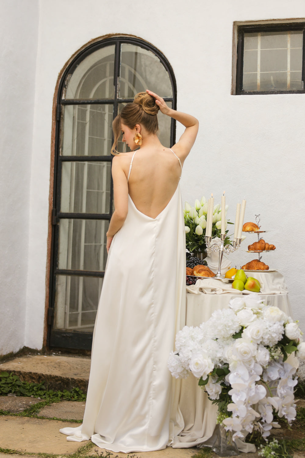 FLORA Flowy Maxi with Floral Detail on Neckline (Ivory Crepe Charmeuse Silk)