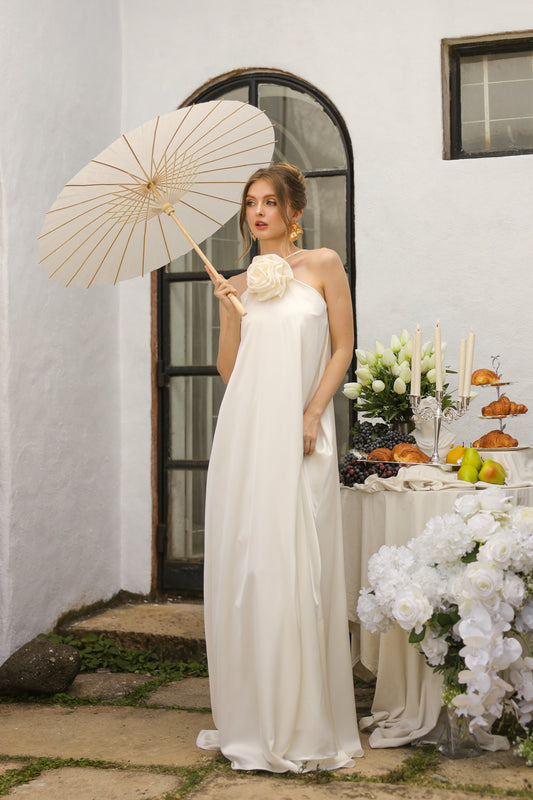 FLORA Flowy Maxi with Floral Detail on Neckline (Ivory Crepe Charmeuse Silk)