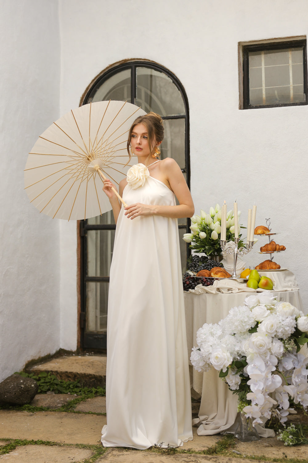 FLORA Flowy Maxi with Floral Detail on Neckline (Ivory Crepe Charmeuse Silk)