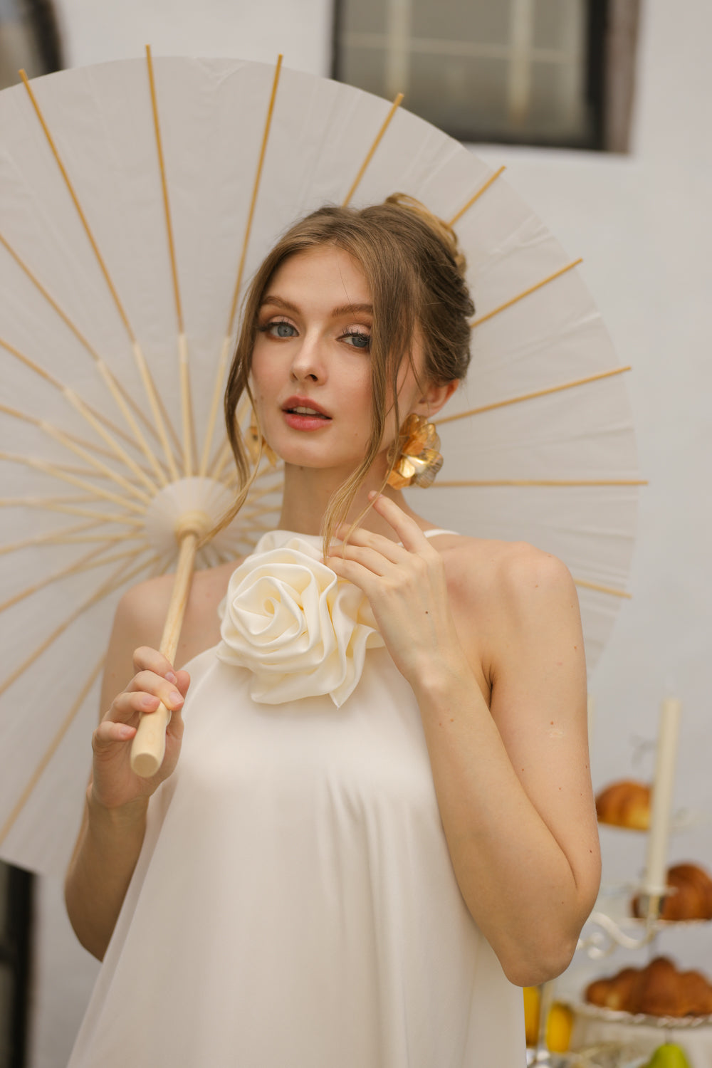 FLORA Flowy Maxi with Floral Detail on Neckline (Ivory Crepe Charmeuse Silk)