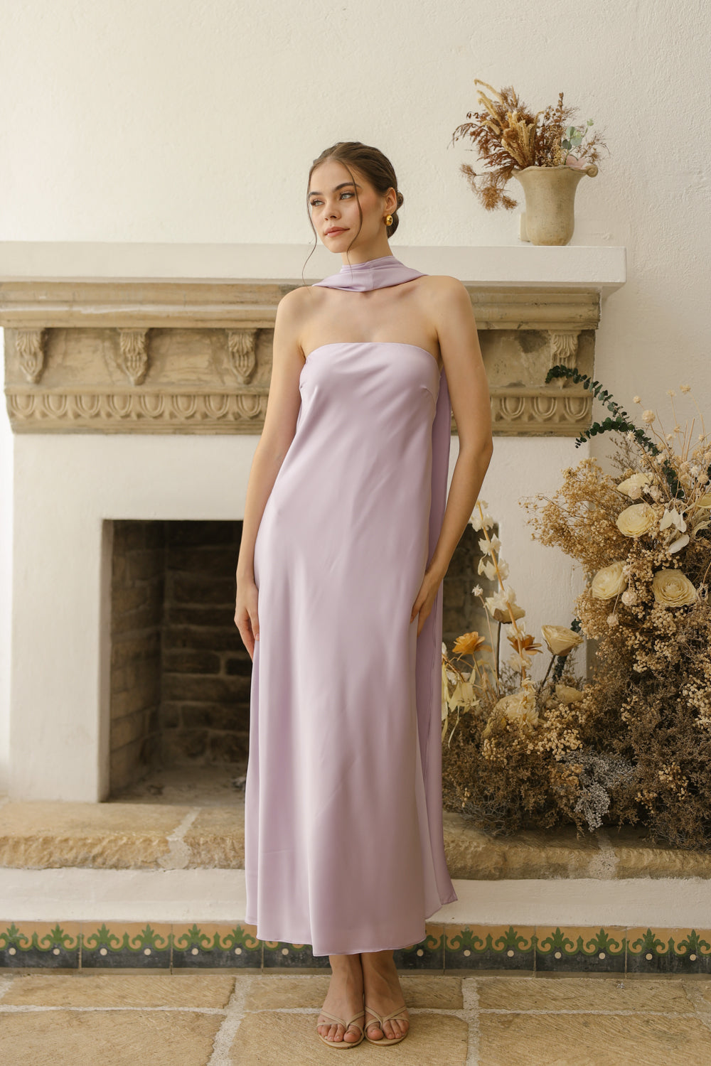 SOL Strapless Flowy Midi Dress with Sash Neckpiece (Lavender SC Silk)