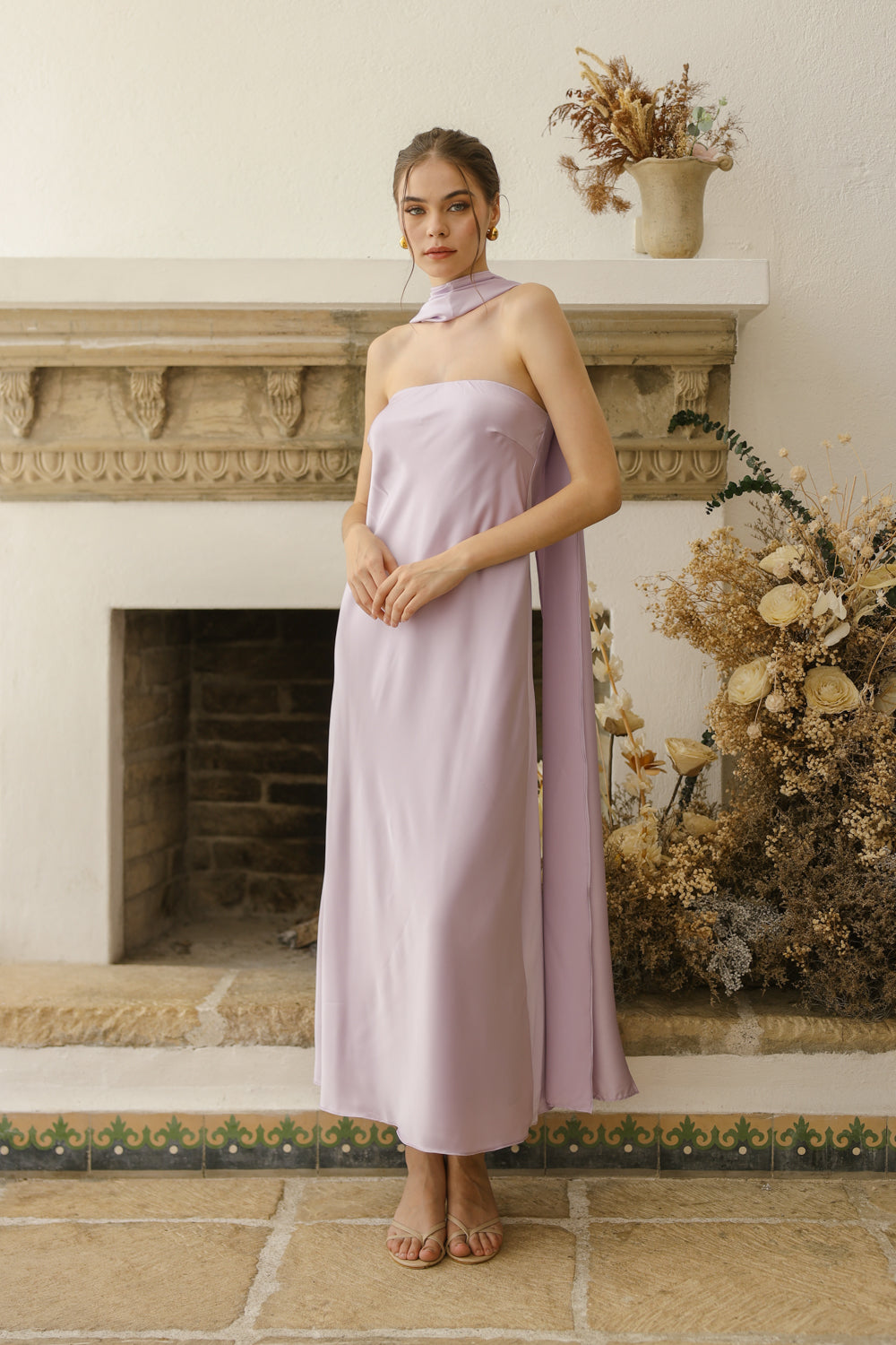 SOL Strapless Flowy Midi Dress with Sash Neckpiece (Lavender SC Silk)