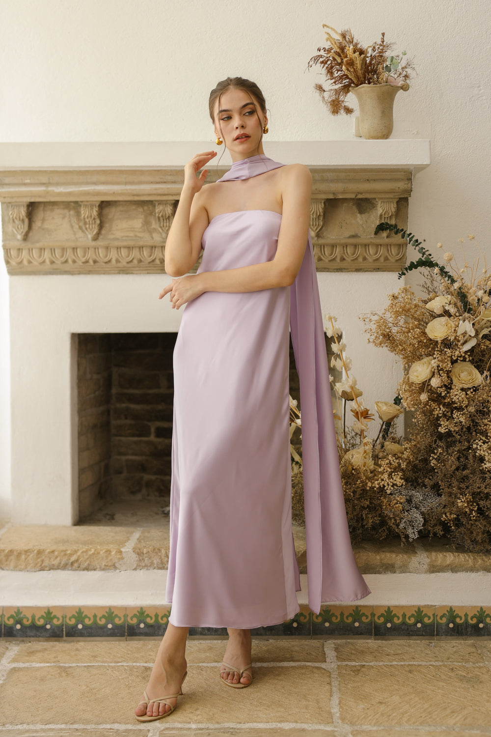 SOL Strapless Flowy Midi Dress with Sash Neckpiece (Lavender SC Silk)