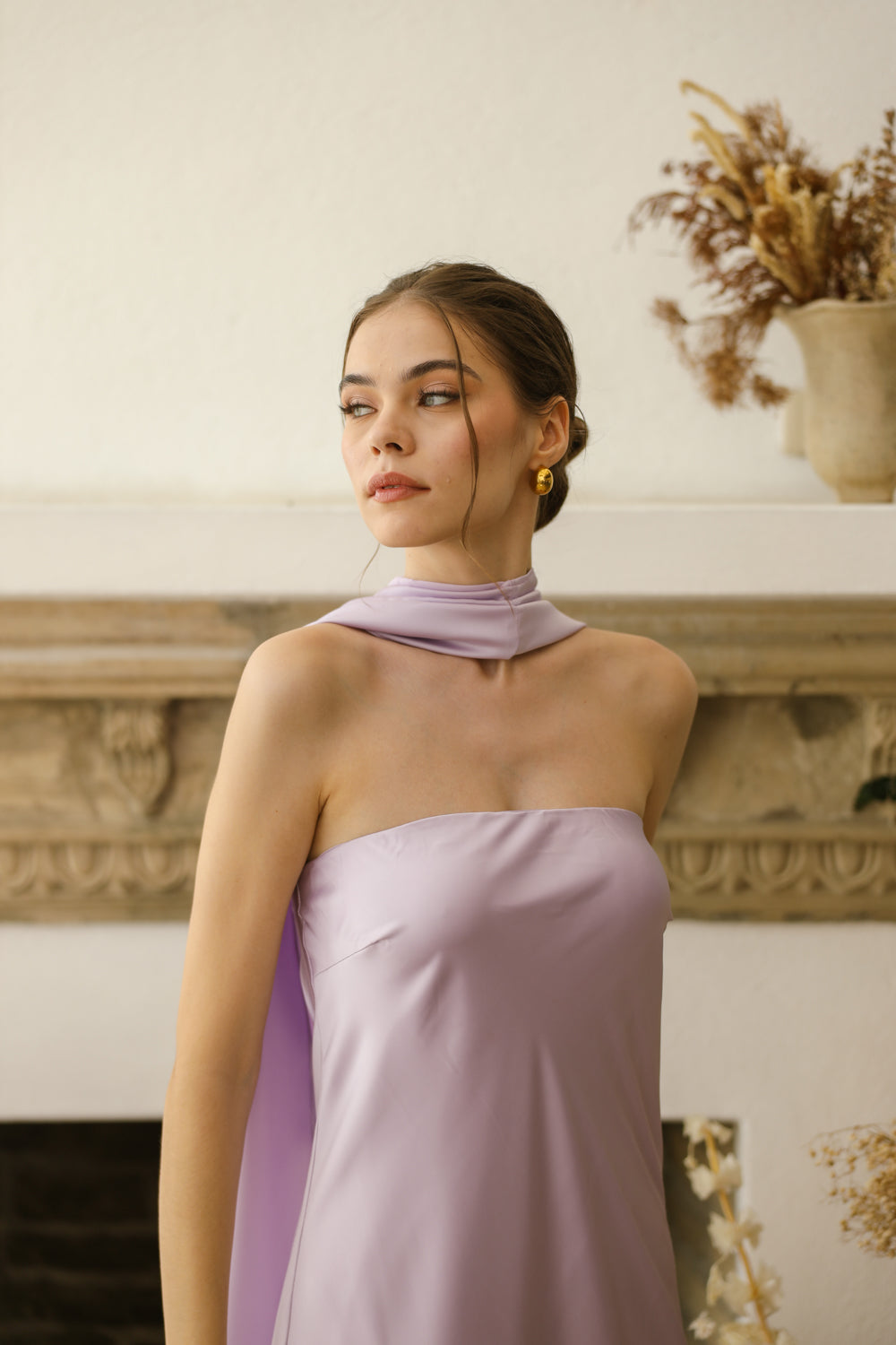 SOL Strapless Flowy Midi Dress with Sash Neckpiece (Lavender SC Silk)