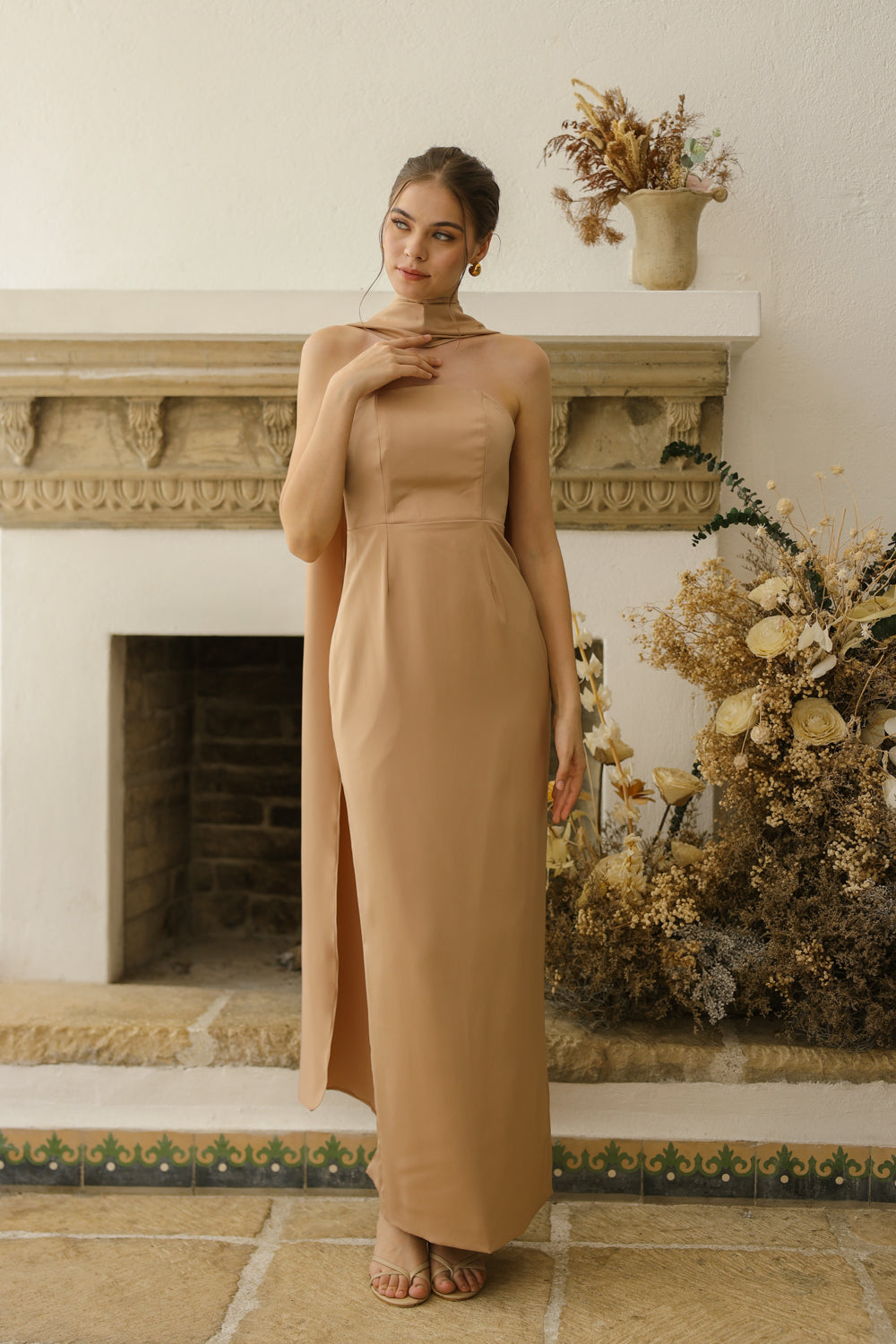 AMARA Curve Neckline Straight Cut Maxi with Sash Neckpiece (Light Brown Korean Silk)