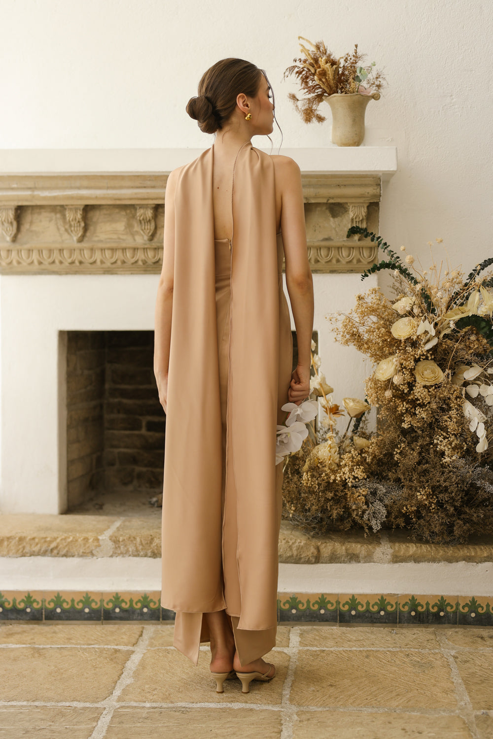 AMARA Curve Neckline Straight Cut Maxi with Sash Neckpiece (Light Brown Korean Silk)