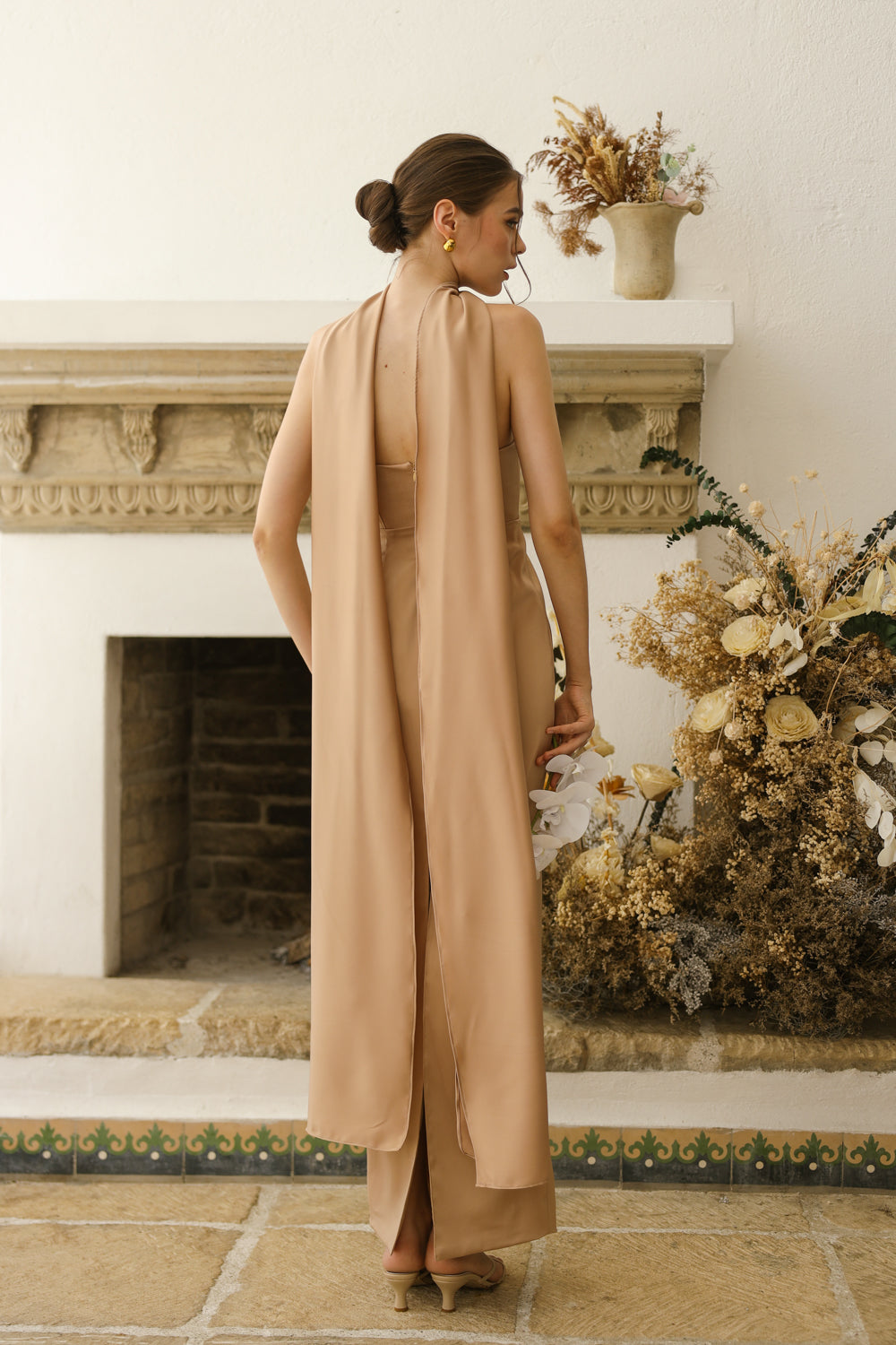AMARA Curve Neckline Straight Cut Maxi with Sash Neckpiece (Light Brown Korean Silk)