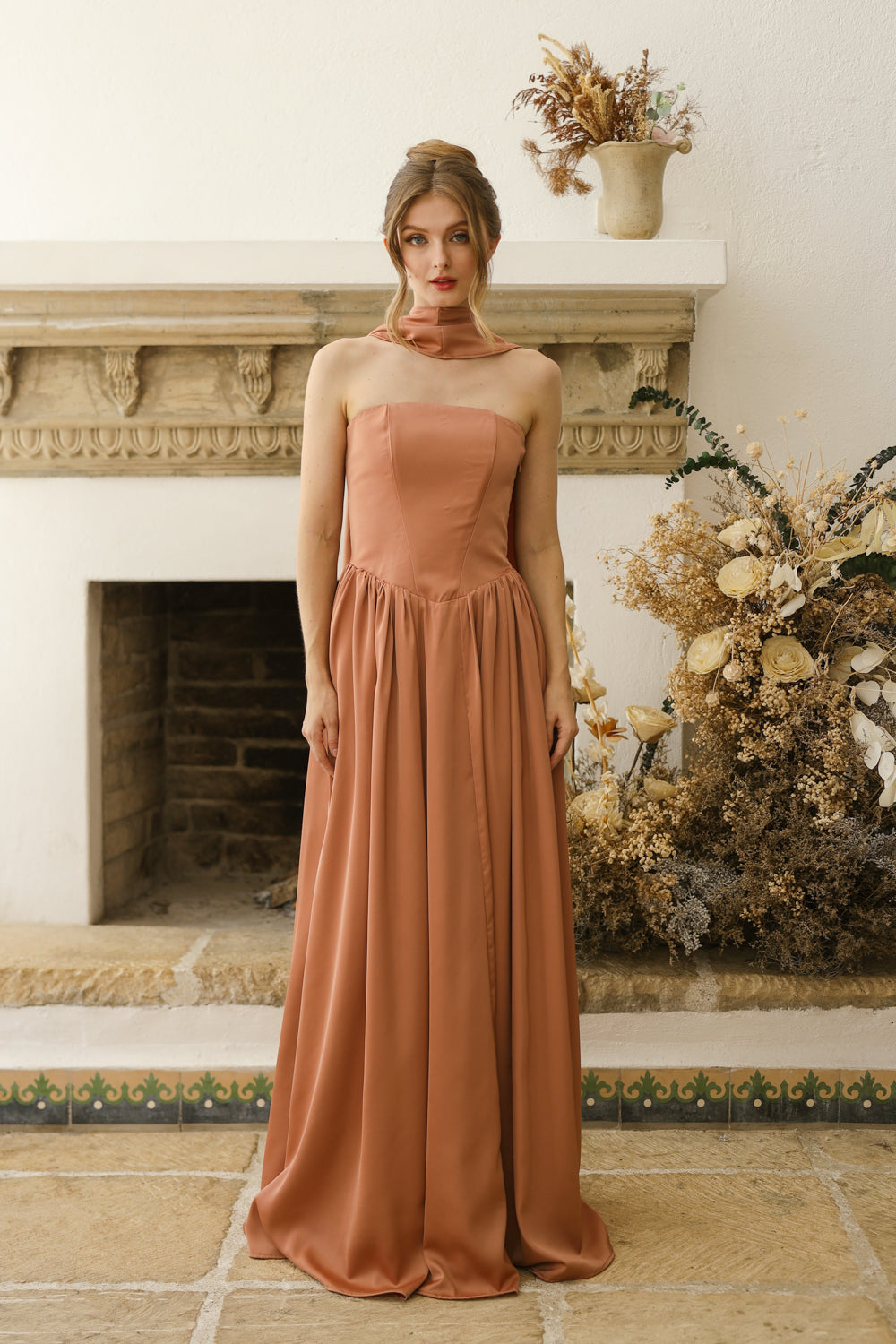 CLEO Strapless Drop Waist Maxi with Covered Button Back Detail and Sash Neckpiece (Light Brown Korean Silk) SAME DAY DELIVERY - SMALL