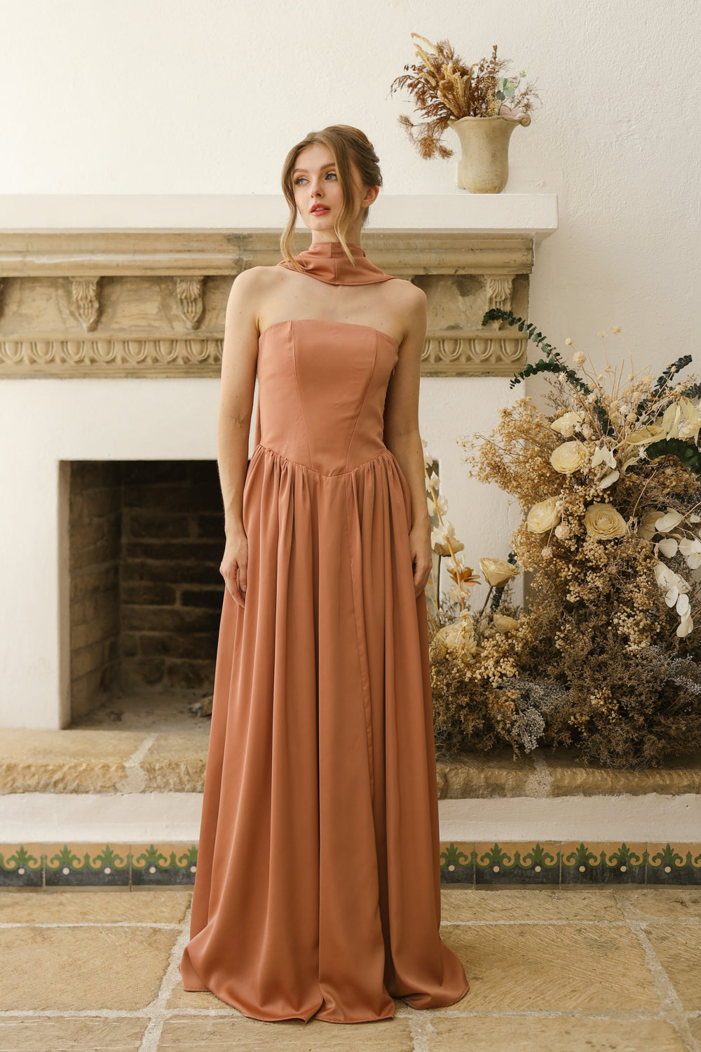 CLEO Strapless Drop Waist Maxi with Covered Button Back Detail and Sash Neckpiece (Light Brown Korean Silk) SAME DAY DELIVERY - SMALL