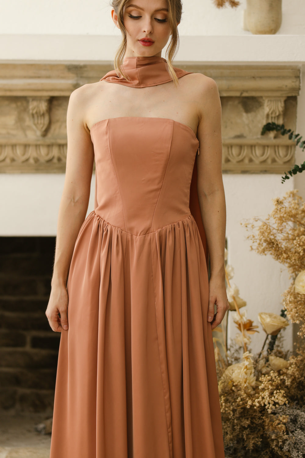 CLEO Strapless Drop Waist Maxi with Covered Button Back Detail and Sash Neckpiece (Light Brown Korean Silk) SAME DAY DELIVERY - SMALL