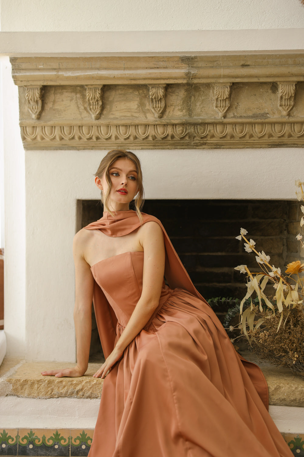 CLEO Strapless Drop Waist Maxi with Covered Button Back Detail and Sash Neckpiece (Light Brown Korean Silk) SAME DAY DELIVERY - SMALL