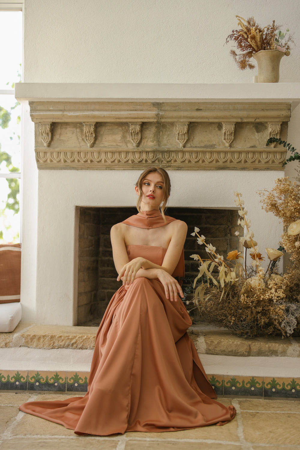 CLEO Strapless Drop Waist Maxi with Covered Button Back Detail and Sash Neckpiece (Light Brown Korean Silk) SAME DAY DELIVERY - SMALL